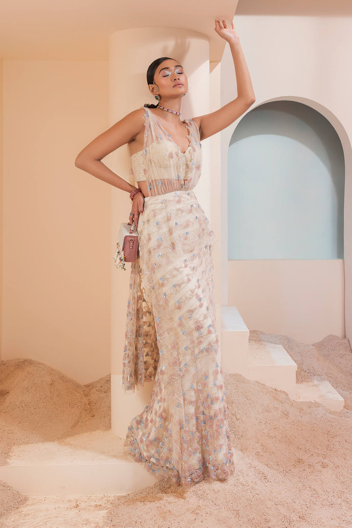 Cream Dungaree Pre-stitched Saree With Geometric Beadwork And Beaded Corset