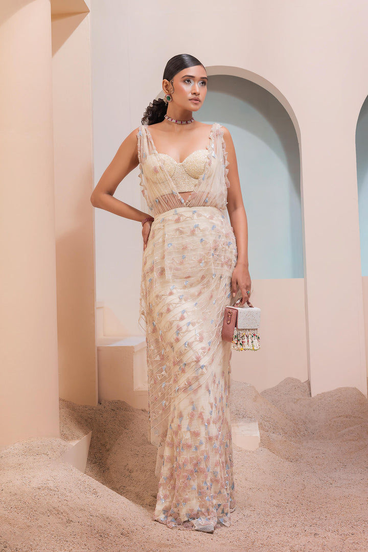 Cream Dungaree Pre-stitched Saree With Geometric Beadwork And Beaded Corset
