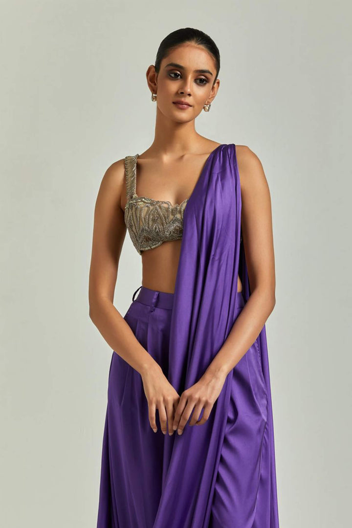 Purple Pant Saree With Nude Festive Golden Blouse