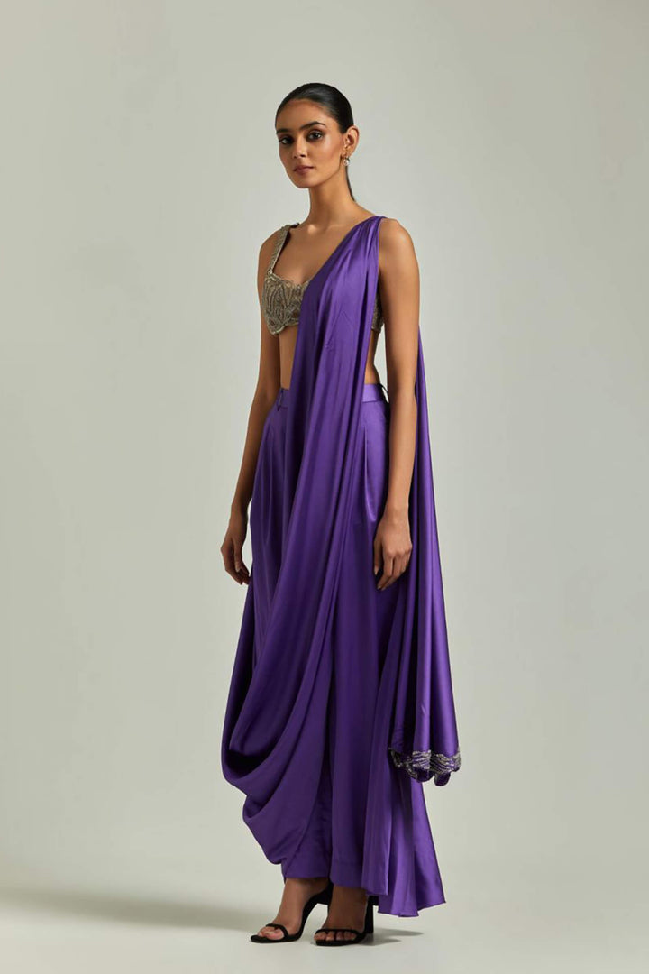 Purple Pant Saree With Nude Festive Golden Blouse