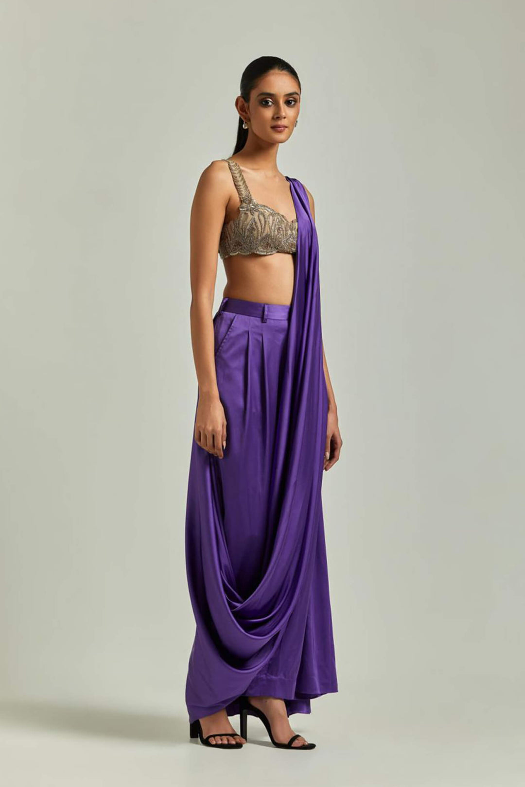 Purple Pant Saree With Nude Festive Golden Blouse