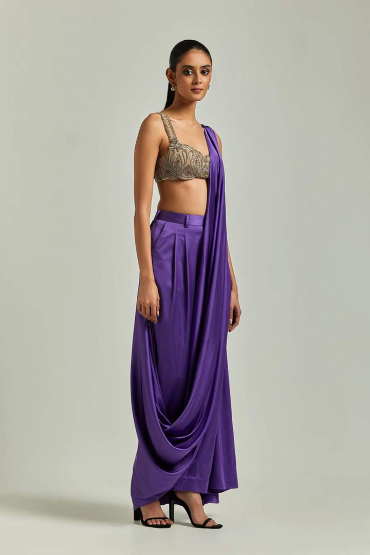 Purple Pant Saree With Nude Festive Golden Blouse