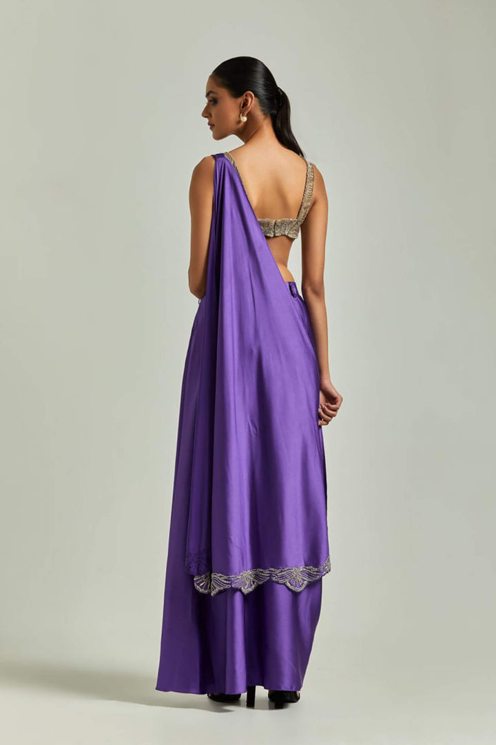Purple Pant Saree With Nude Festive Golden Blouse