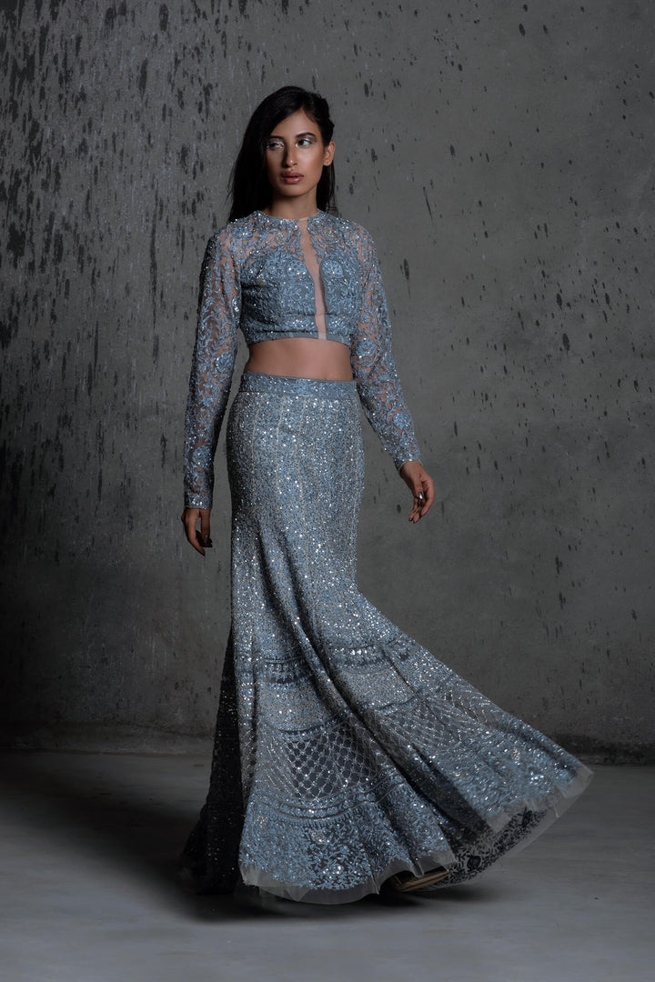 Powder Blue Lehenga And Blouse With Zardozi Embroidery