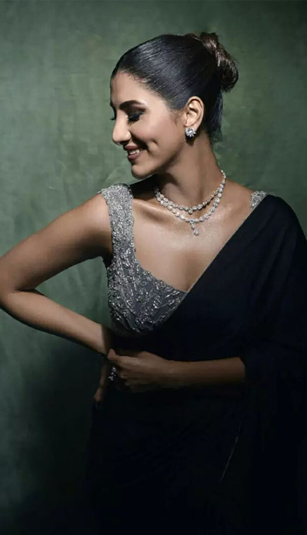 Black Satin Pant Saree With Embroidered Tulle Inlays And Beaded Tie Up Blouse