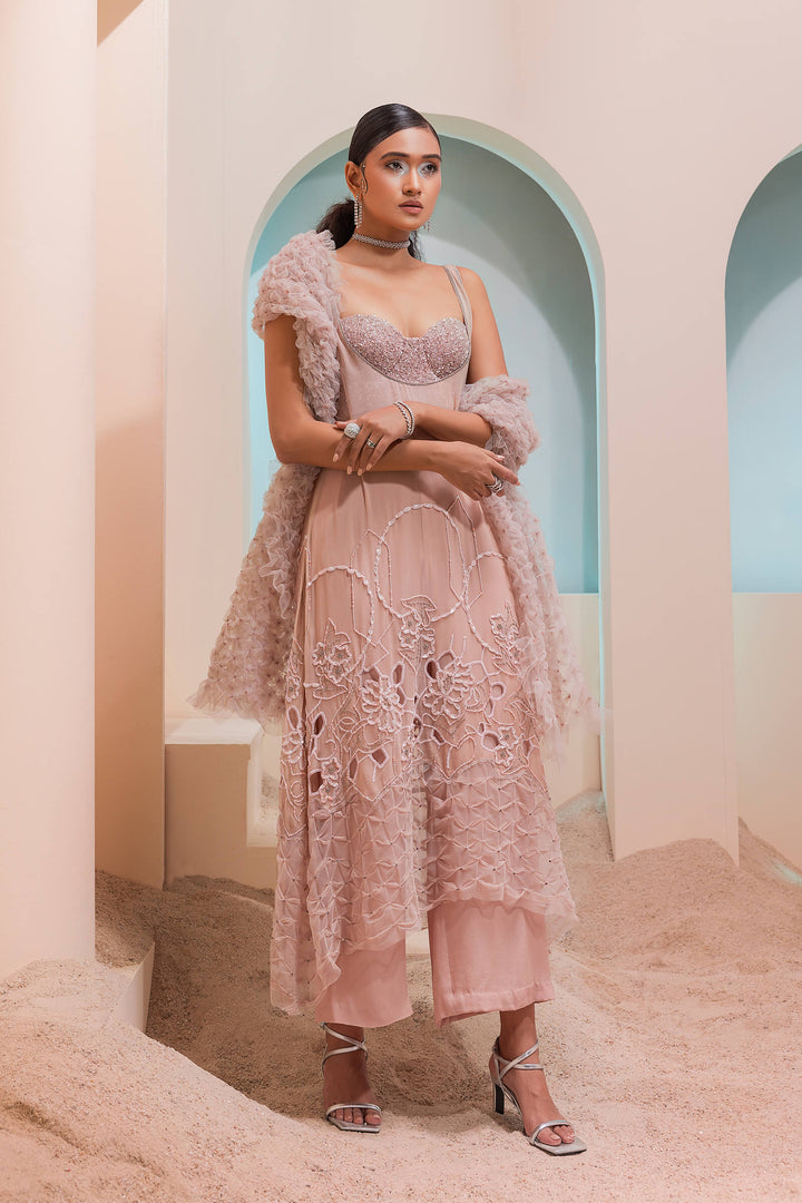 Burnt Pink Cutwork Tunic With Corset And Smocked Stole