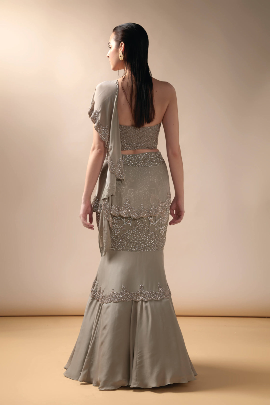 Grey Fishtail Saree With Embellished Corset