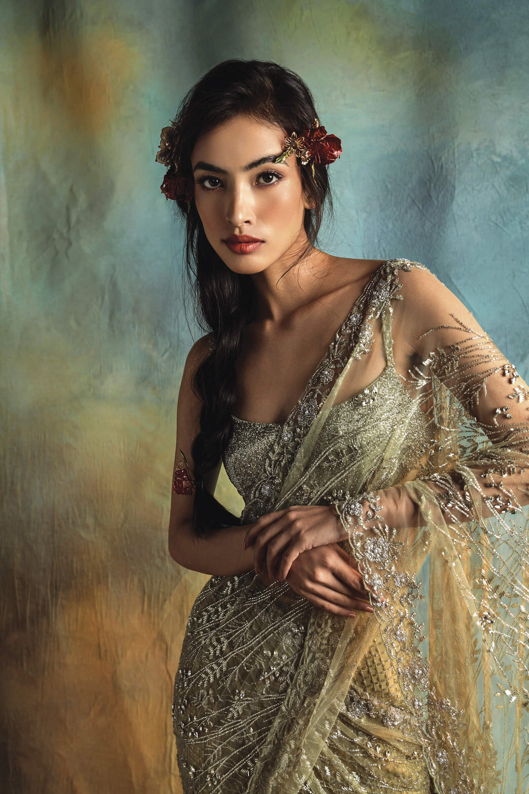 Grid Work Sharara Saree With Crystal Aanchal And Beaded Blouse (Moss)