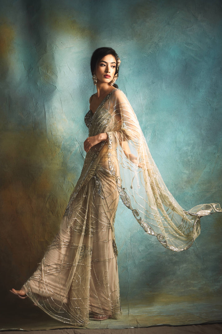 Latte Saree With Embellished Corset