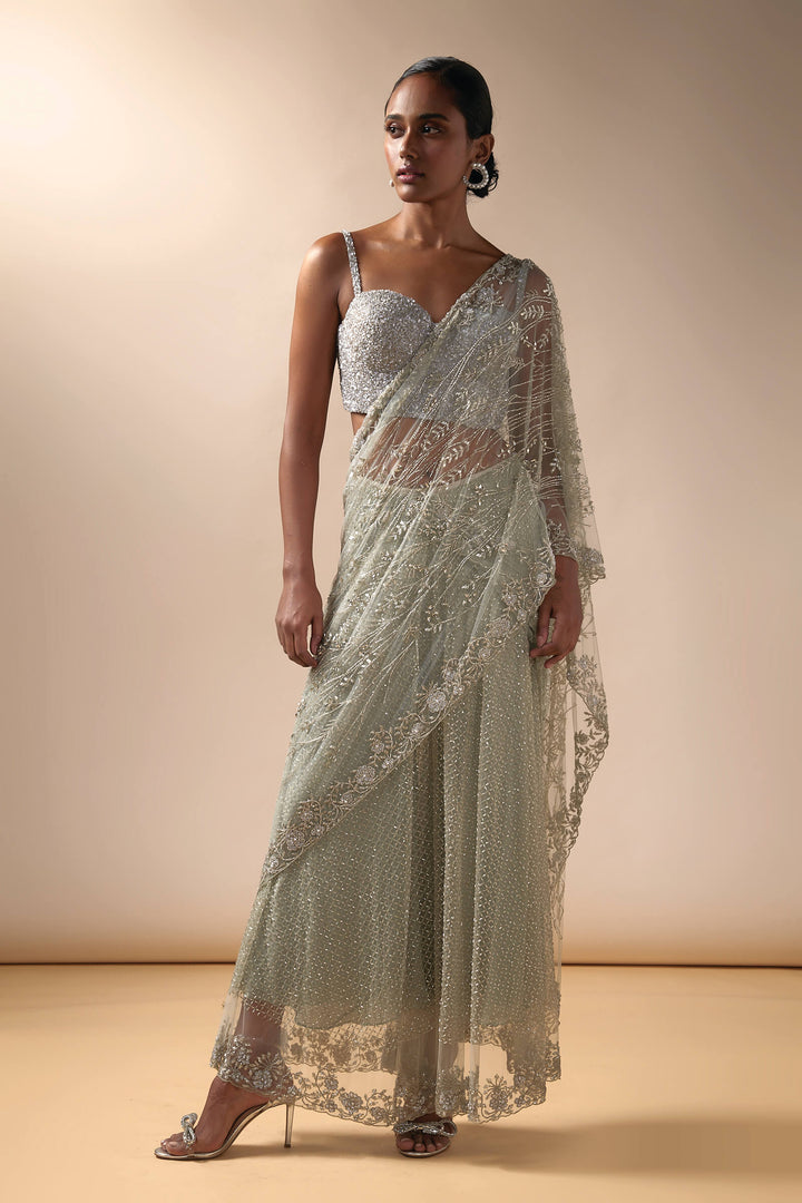 Grid Work Sharara Saree With Crystal Aanchal And Corset Blouse (Mint)