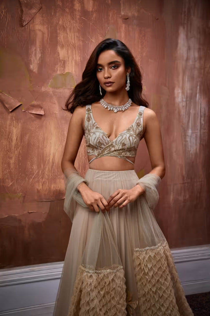 Nude 3D Flower Embroidered Lehenga Set