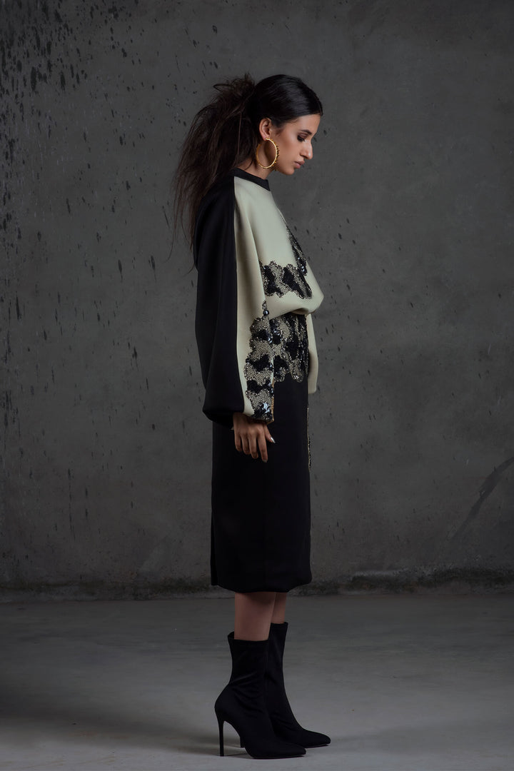Black And Oyster Bouffant Sleeve Top With Embroidered Pencil Skirt