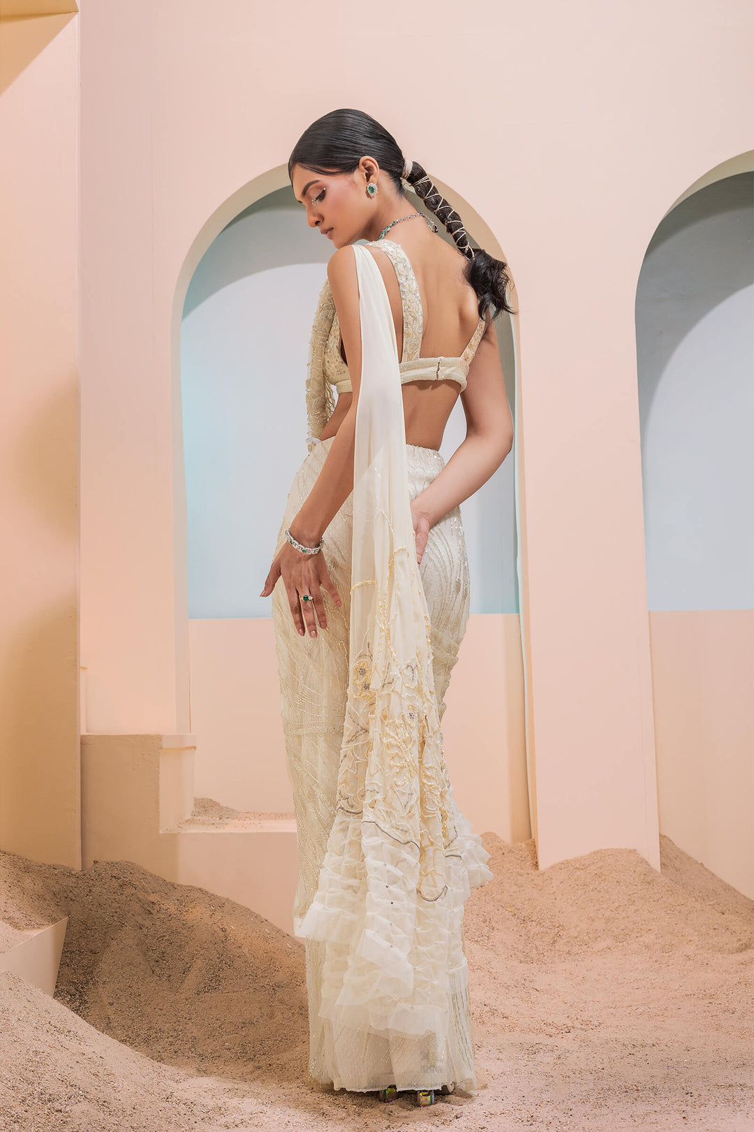 Cream Waves Pre-stitched Saree With Smocked Cutwork Aanchal