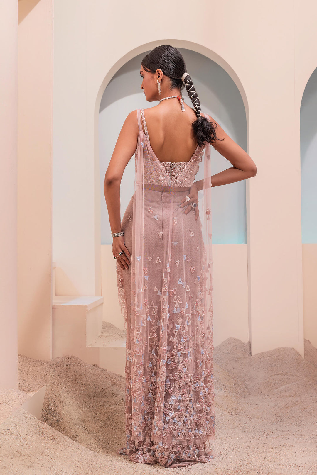 Burnt Pink Pre-stitched Dunagree Saree With Geometric Beadwork And Beaded Corset