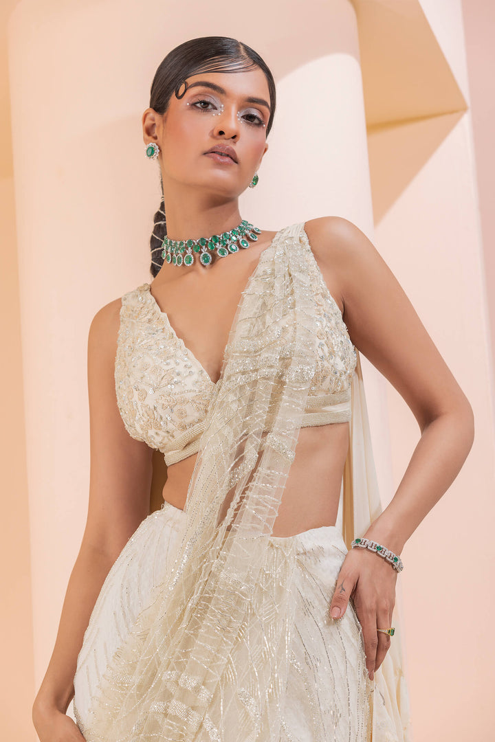 Cream Waves Pre-stitched Saree With Smocked Cutwork Aanchal