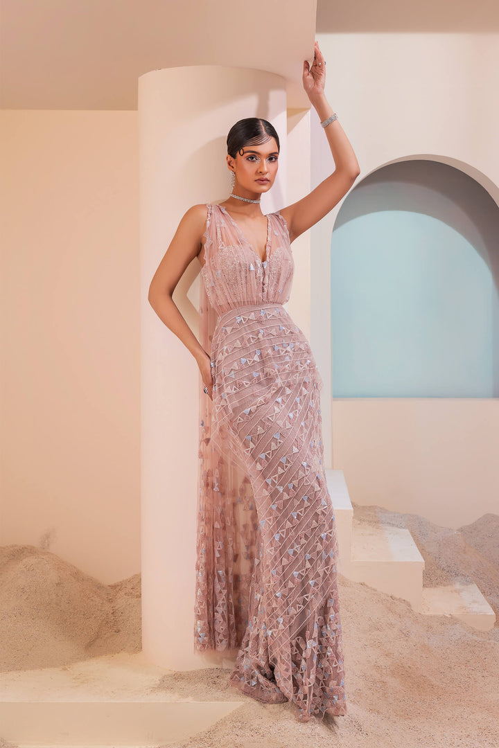 Burnt Pink Pre-stitched Dunagree Saree With Geometric Beadwork And Beaded Corset