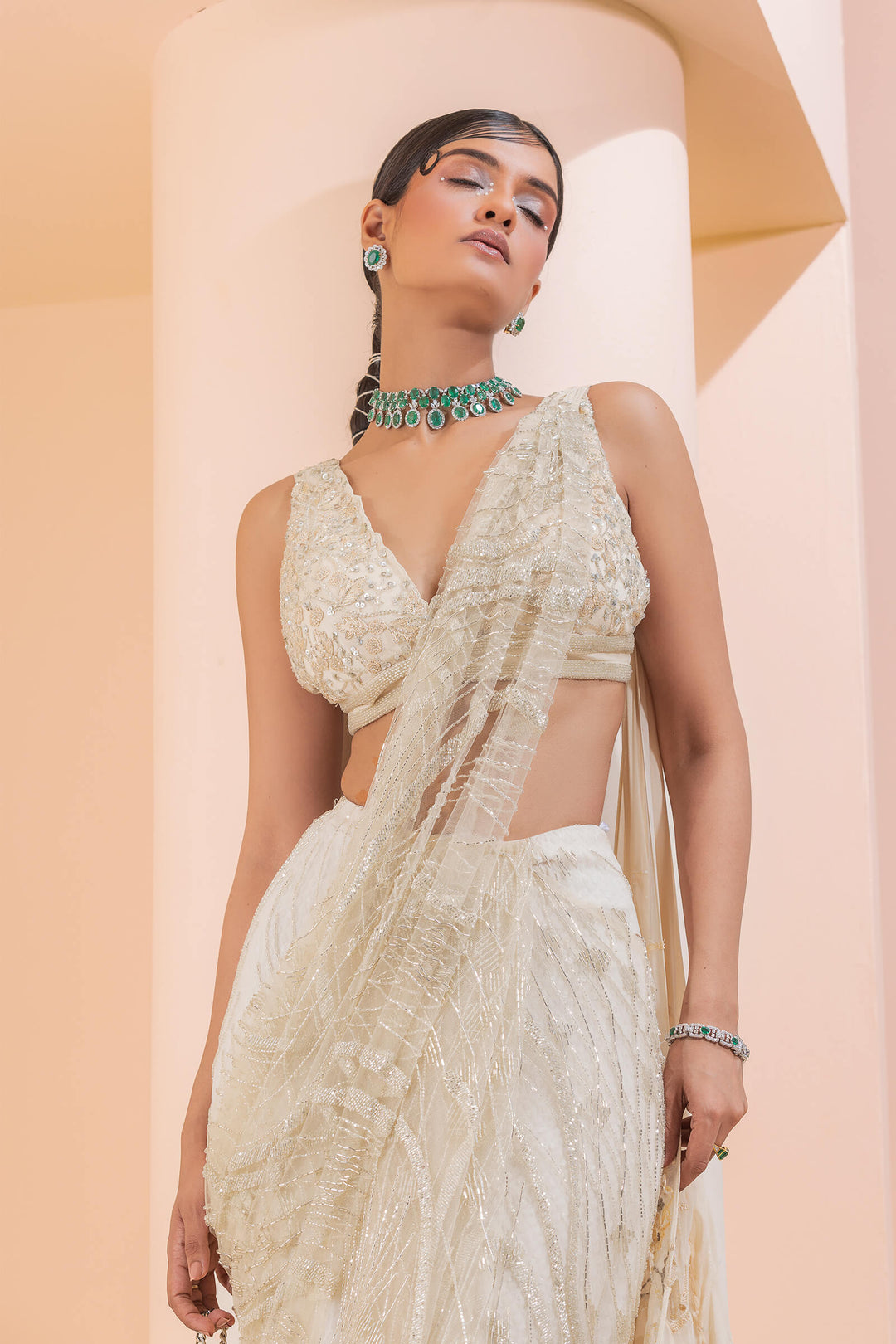 Cream Waves Pre-stitched Saree With Smocked Cutwork Aanchal