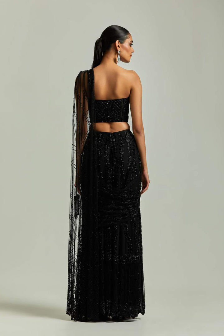 Black Beaded Sharara Saree With Blacked Beaded Blouse