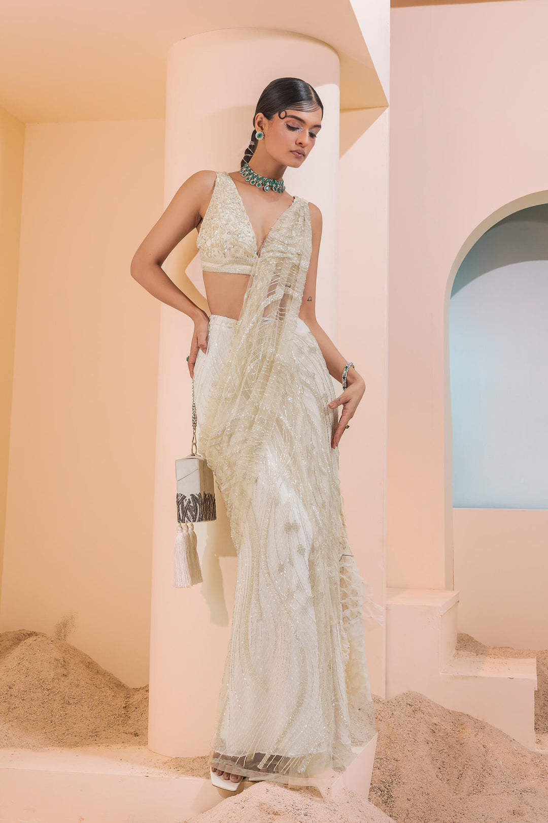 Cream Waves Pre-stitched Saree With Smocked Cutwork Aanchal