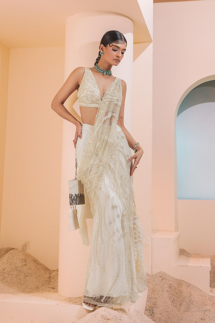 Cream Waves Pre-stitched Saree With Smocked Cutwork Aanchal