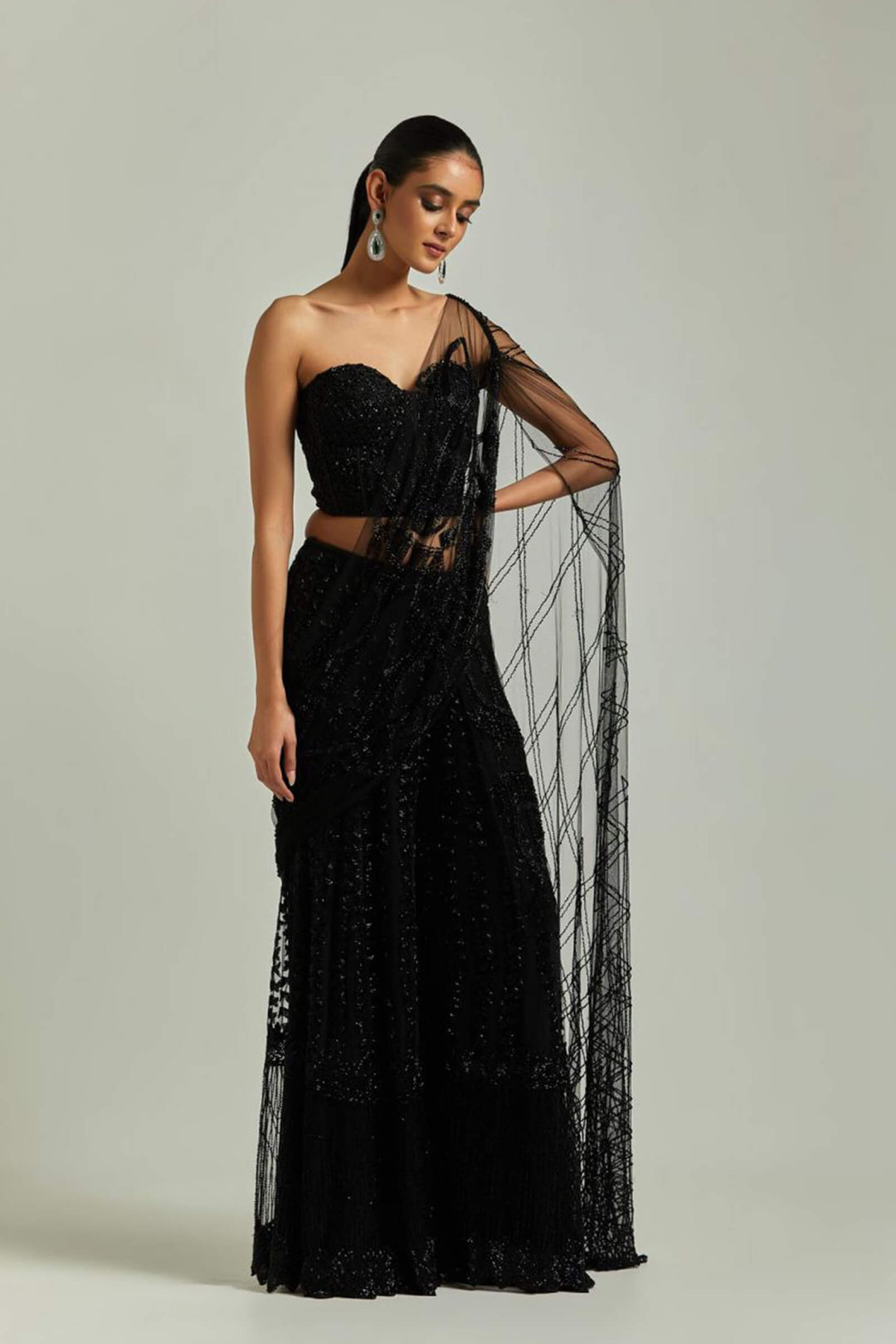 Black Beaded Sharara Saree With Blacked Beaded Blouse