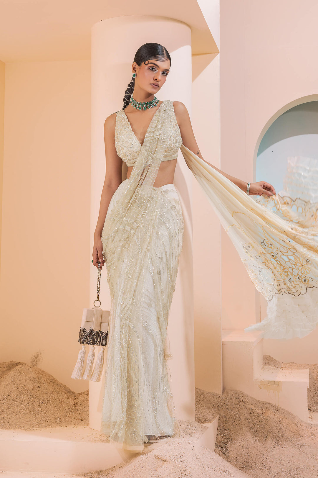 Cream Waves Pre-stitched Saree With Smocked Cutwork Aanchal