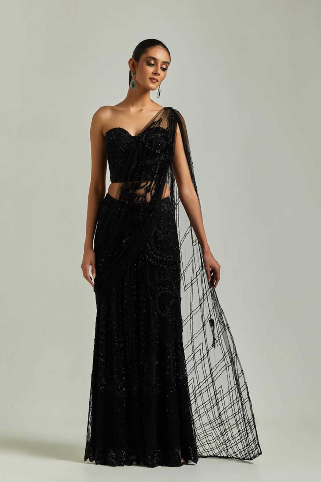 Black Beaded Sharara Saree With Blacked Beaded Blouse