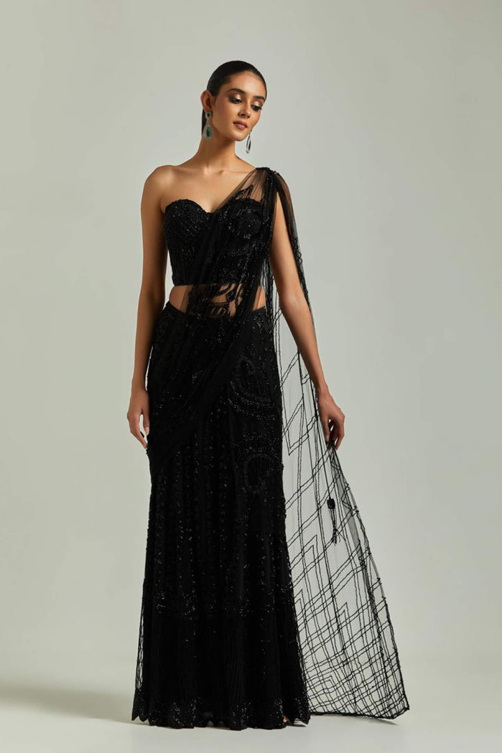 Black Beaded Sharara Saree With Blacked Beaded Blouse