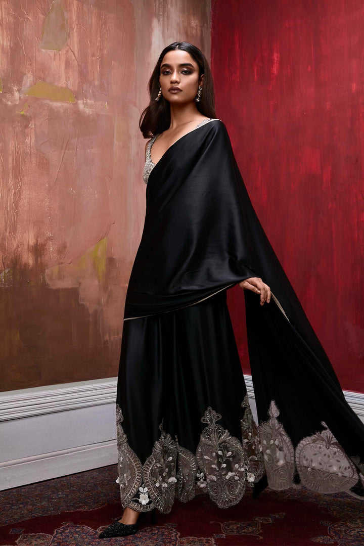 Black Satin Pant Saree With Embroidered Tulle Inlays And Beaded Tie Up Blouse
