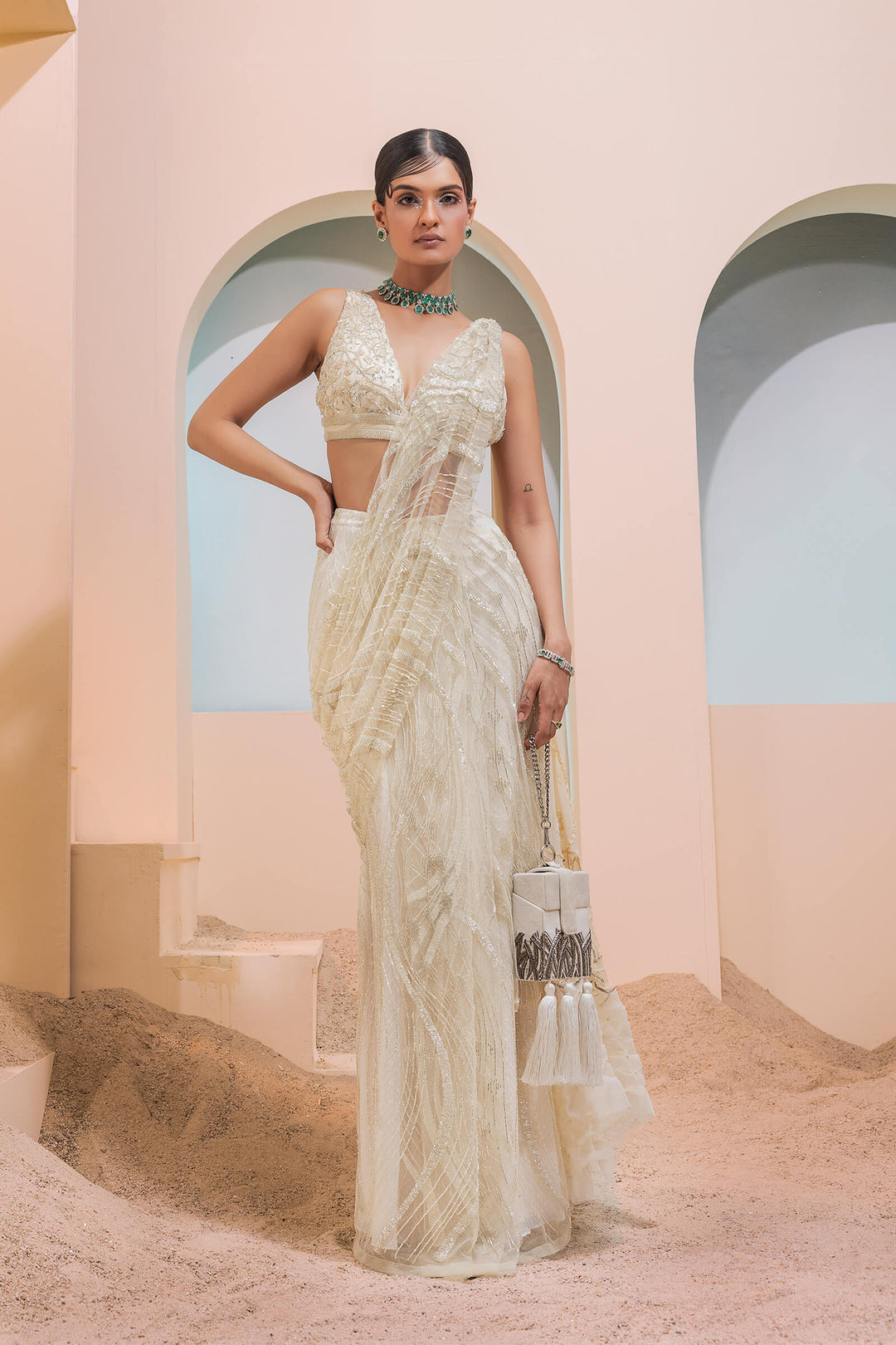 Cream Waves Pre-stitched Saree With Smocked Cutwork Aanchal