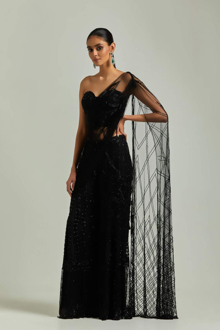 Black Beaded Sharara Saree With Blacked Beaded Blouse
