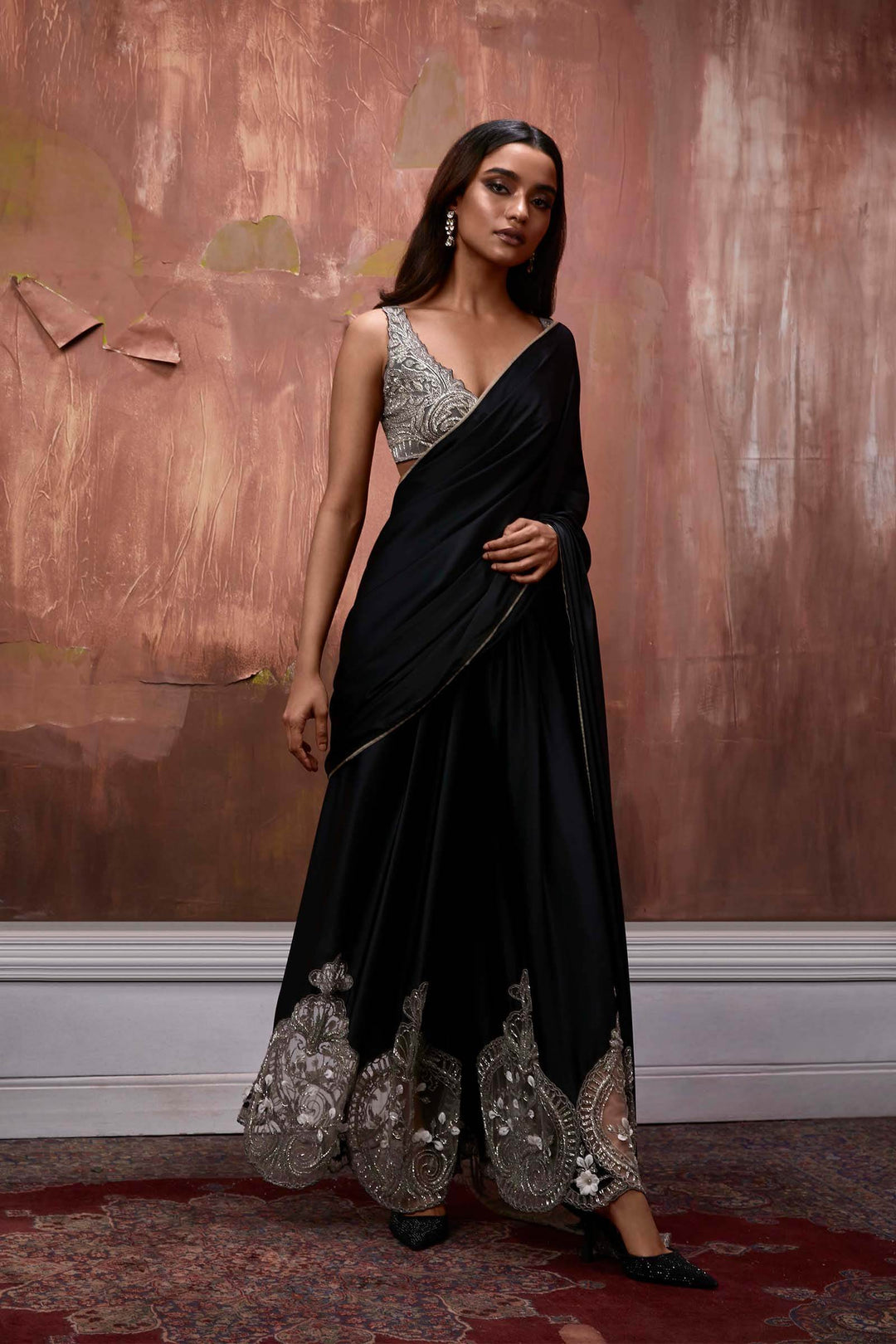 Black Satin Pant Saree With Embroidered Tulle Inlays And Beaded Tie Up Blouse