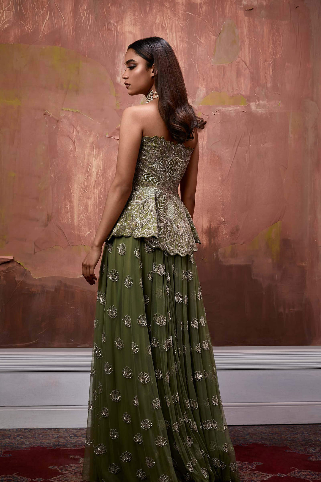 Olive Hand Embroidered Corset With Embroidered Skirt And Smocked Stole