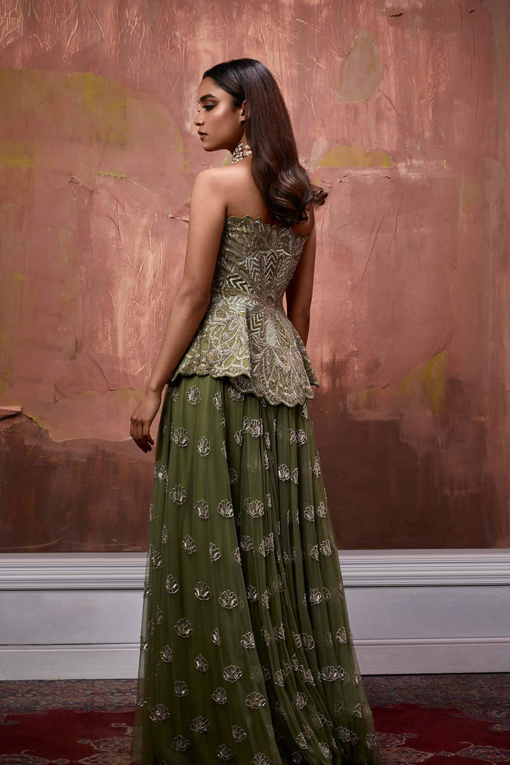 Olive Hand Embroidered Corset With Embroidered Skirt And Smocked Stole