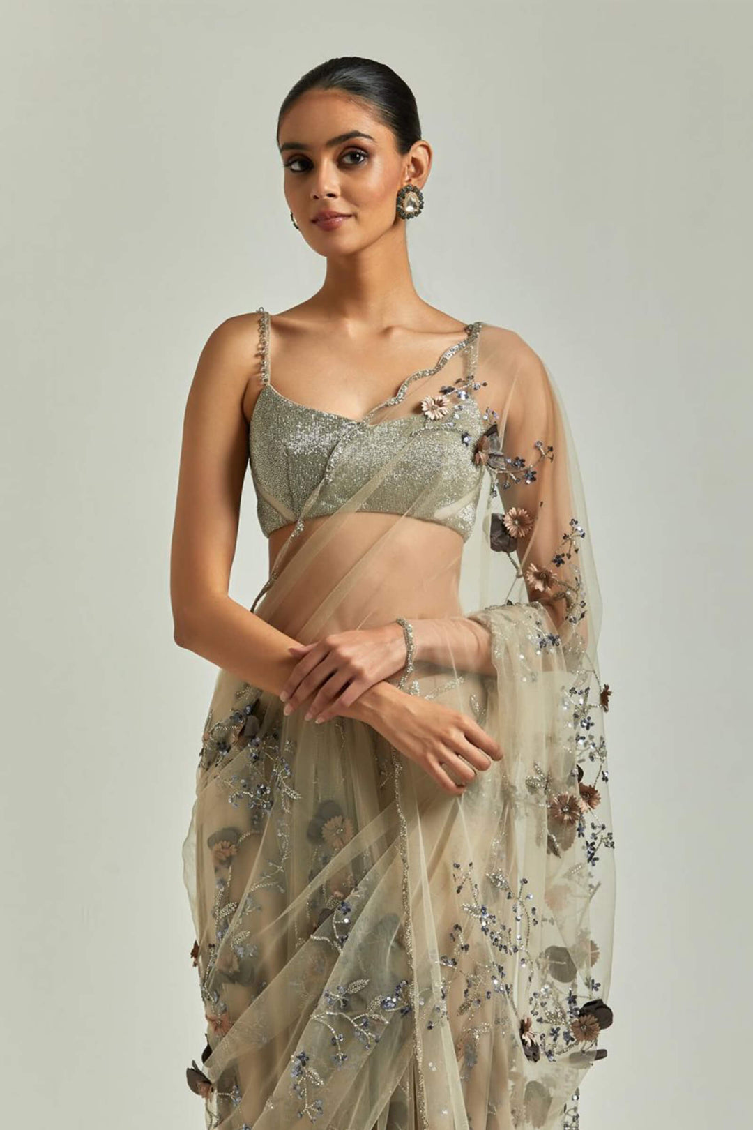Nude 3d Flower Saree With  Silver Beaded Blouse