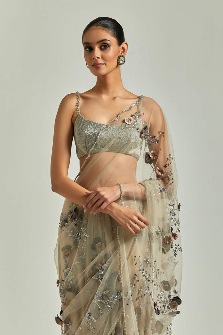 Nude 3d Flower Saree With  Silver Beaded Blouse