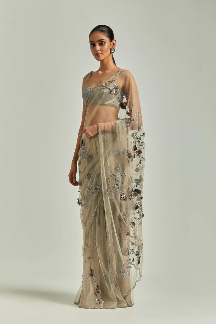 Nude 3d Flower Saree With  Silver Beaded Blouse
