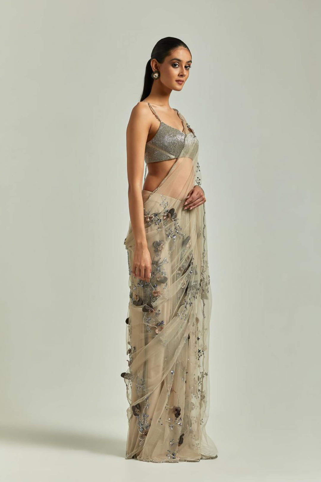 Nude 3d Flower Saree With  Silver Beaded Blouse