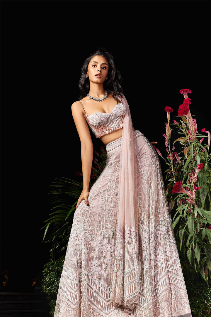 Rose Fitted Hand Embroidered Lehenga With Embellished Corset And Dupatta