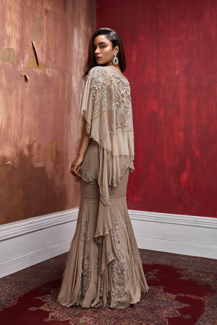 Nude Fishtail Draped Saree With Tulle Inlays, Beaded Blouse And Tulle Cape