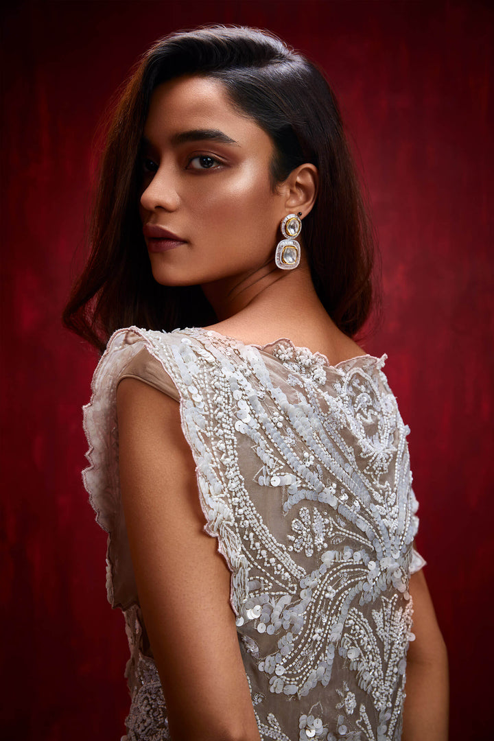Nude Organza Cutwork Panelled Tunic With Draped Jumpsuit