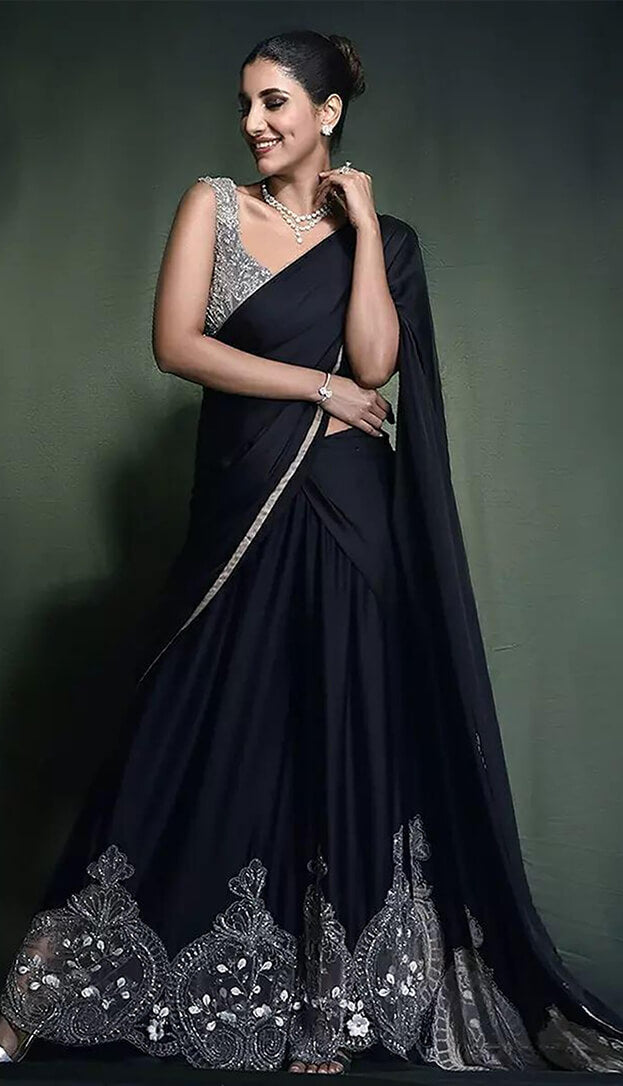 Black Satin Pant Saree With Embroidered Tulle Inlays And Beaded Tie Up Blouse