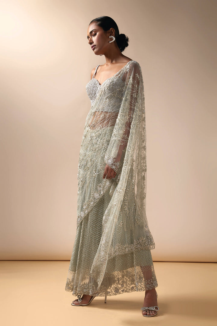 Grid Work Sharara Saree With Crystal Aanchal And Corset Blouse (Mint)
