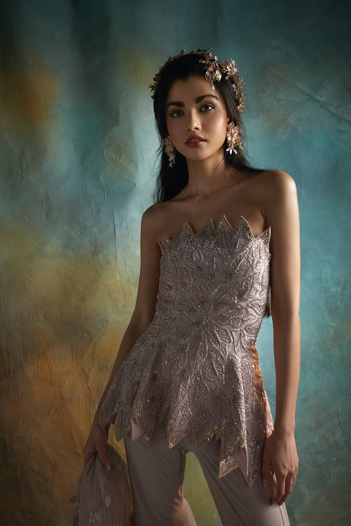 Pink Embroidered Peplum And Sharara Set