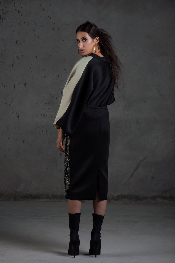 Black And Oyster Bouffant Sleeve Top With Embroidered Pencil Skirt