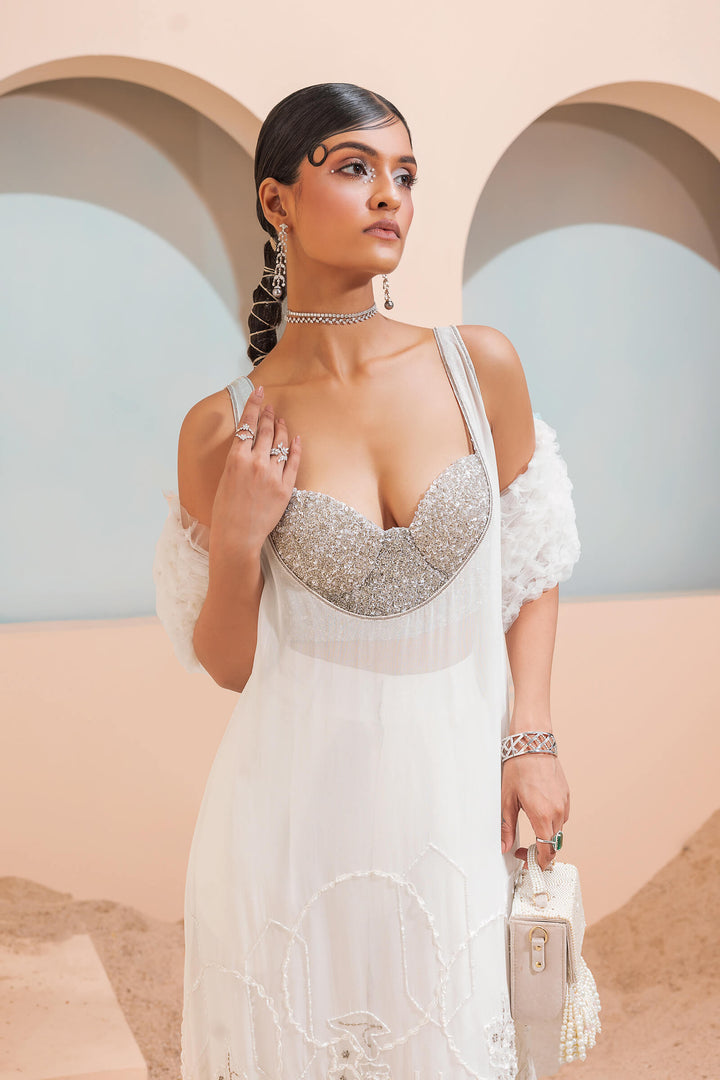 White Smocked Tunic With Beaded Corset And Smocked Stole