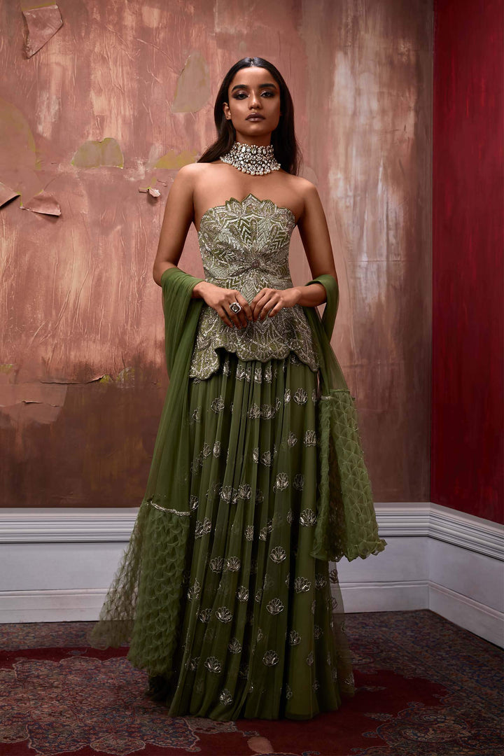 Olive Hand Embroidered Corset With Embroidered Skirt And Smocked Stole