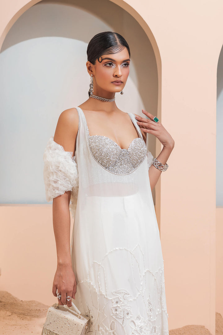 White Smocked Tunic With Beaded Corset And Smocked Stole