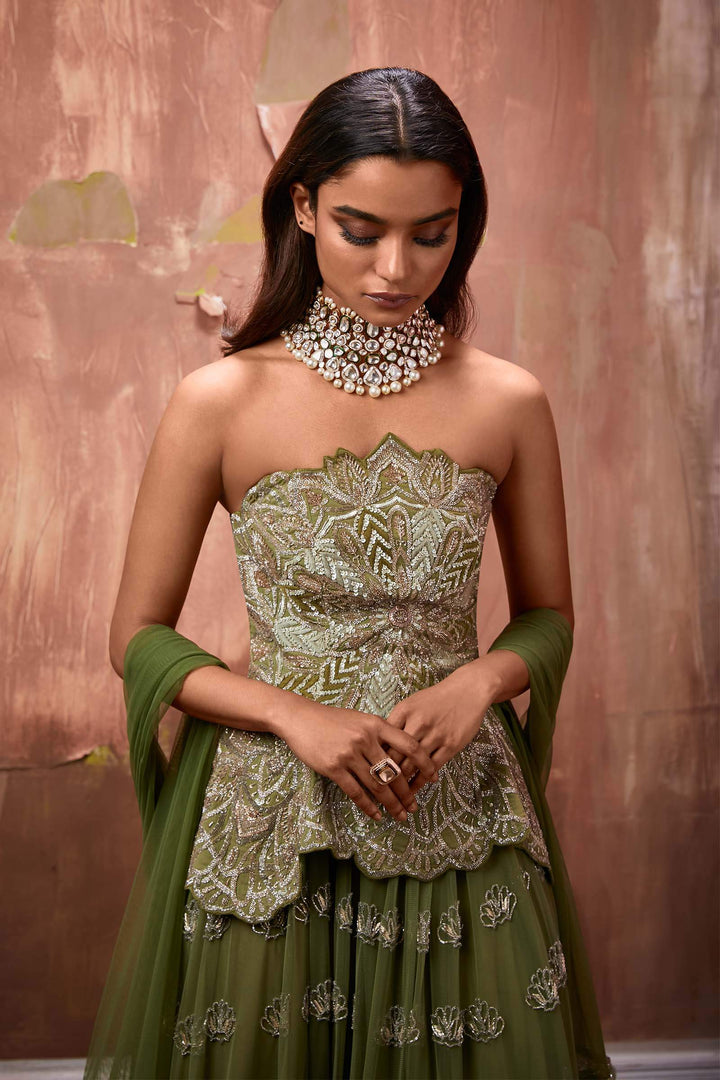 Olive Hand Embroidered Corset With Embroidered Skirt And Smocked Stole