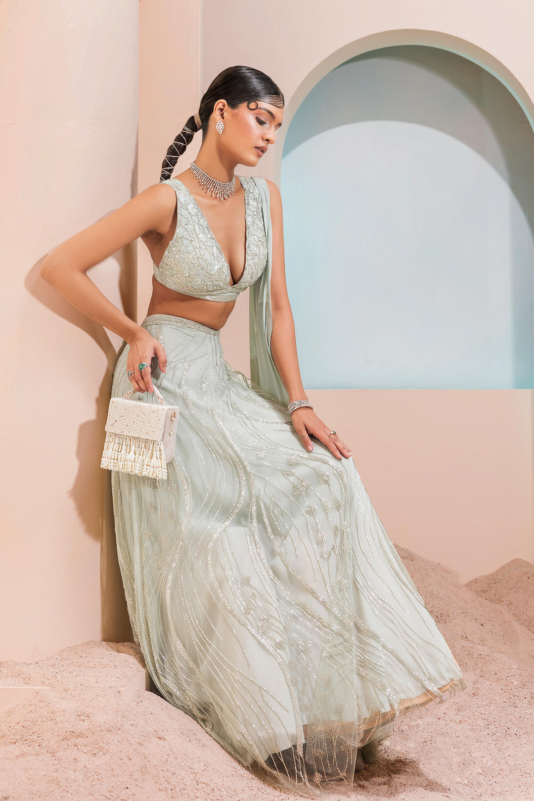 Mint Green Waves Lehenga With Iris Blouse And Smocked Armhole Dupatta
